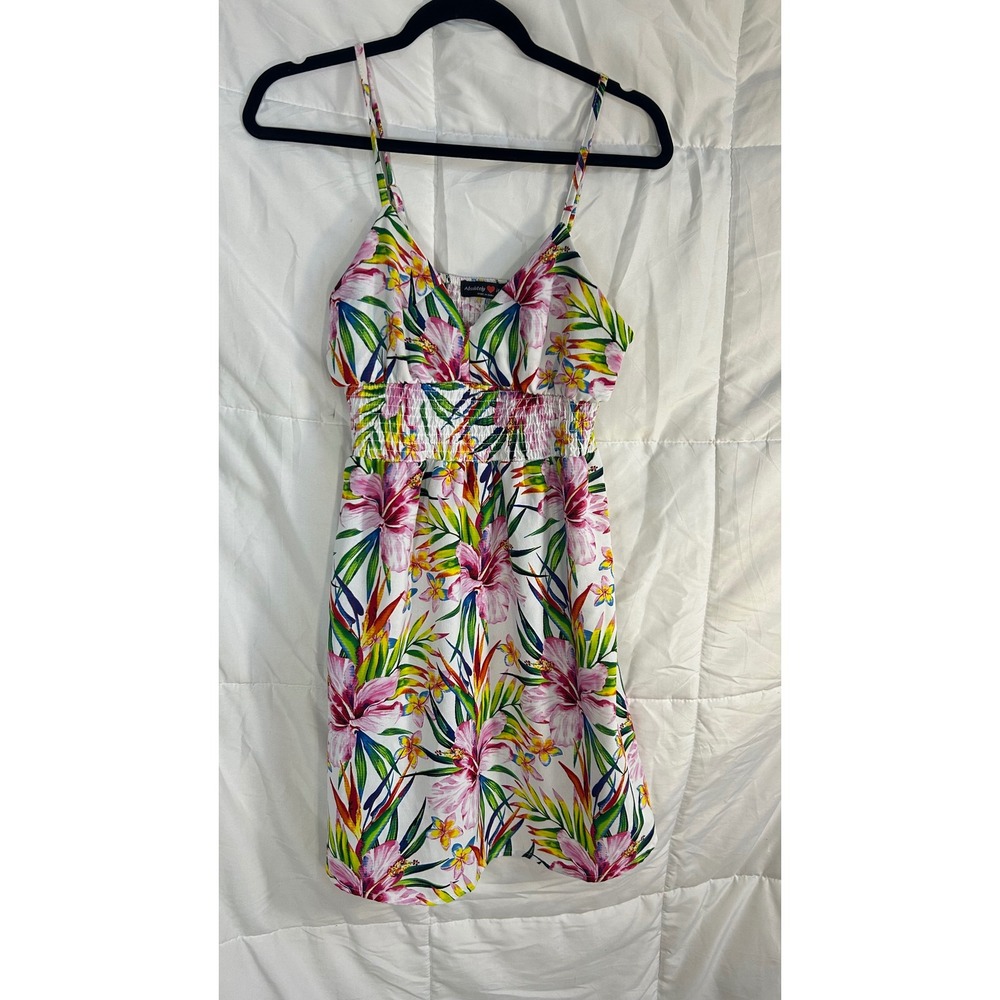 Absolutely it Tropical Floral Smocked Waist Spaghetti Strap Mini‎ Dress Women L